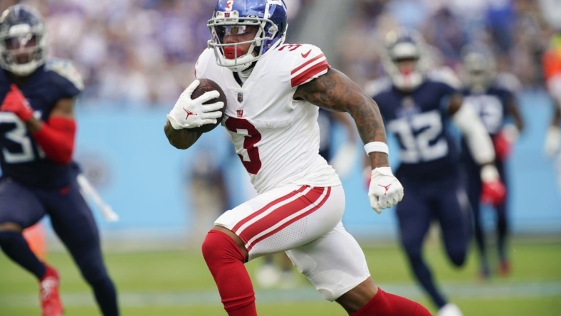Sep 11, 2022; Nashville, Tennessee, USA; New York Giants wide receiver Sterling Shepard (3) runs in a touchdown during the third quarter at Nissan Stadium. Mandatory Credit: George Walker IV-USA TODAY Sports