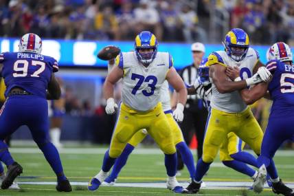 Sep 8, 2022; Inglewood, California, USA; Los Angeles Rams guard David Edwards (73) and offensive tackle Joe Noteboom (70) block during the game against the Buffalo Bills at SoFi Stadium. The Bills defeated the Rams 31-10. Mandatory Credit: Kirby Lee-USA TODAY Sports