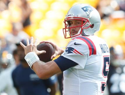 Sep 18, 2022; Pittsburgh, Pennsylvania, USA;  New England Patriots quarterback Brian Hoyer (5) warms up before the game against the Pittsburgh Steelers at Acrisure Stadium. Mandatory Credit: Charles LeClaire-USA TODAY Sports