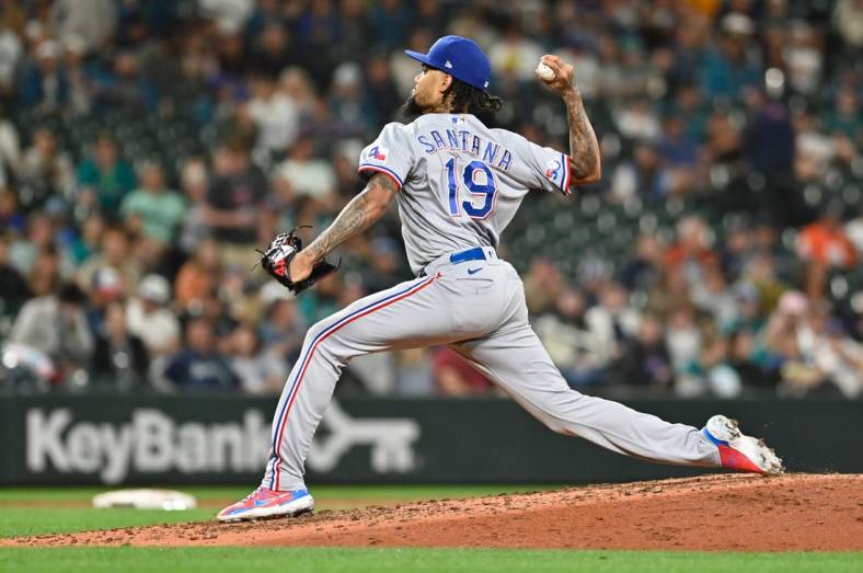 Sep 27, 2022; Seattle, Washington, USA; Texas Rangers relief pitcher Dennis Santana (19) pitches to the Seattle Mariners during the sixth inning at T-Mobile Park. Mandatory Credit: Steven Bisig-USA TODAY Sports