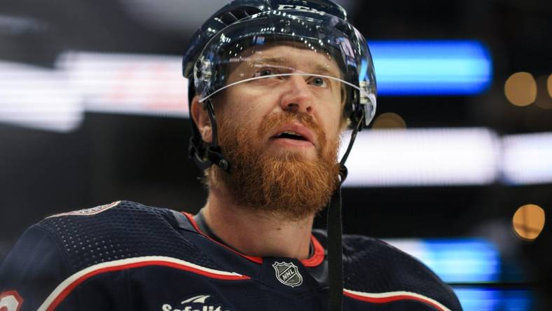 Sep 28, 2022; Columbus, Ohio, USA;  Columbus Blue Jackets right wing Jakub Voracek (93) skates during warmups prior to the game against the Buffalo Sabres at Nationwide Arena. Mandatory Credit: Aaron Doster-USA TODAY Sports