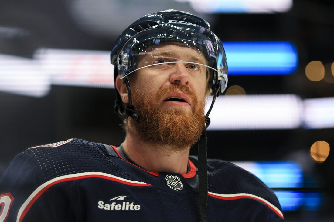 Sep 28, 2022; Columbus, Ohio, USA;  Columbus Blue Jackets right wing Jakub Voracek (93) skates during warmups prior to the game against the Buffalo Sabres at Nationwide Arena. Mandatory Credit: Aaron Doster-USA TODAY Sports