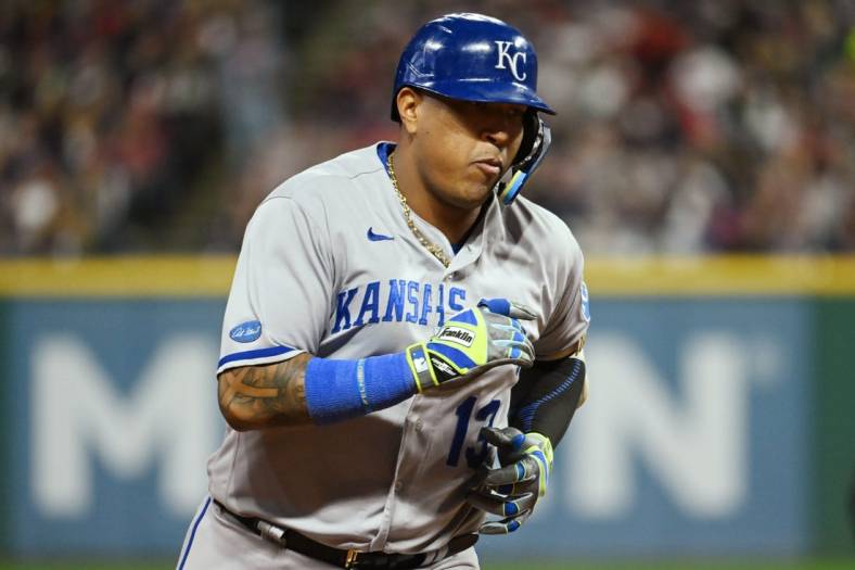 Oct 1, 2022; Cleveland, Ohio, USA; Kansas City Royals catcher Salvador Perez (13) rounds the bases after hitting a home run during the seventh inning against the Cleveland Guardians at Progressive Field. Mandatory Credit: Ken Blaze-USA TODAY Sports