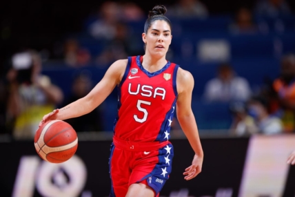 OCT 1, 2022; Sydney, AUS; Kelsey Plum (5) carries a ball in second quarter of FIBA Women's World Cup final against China at Sydney SuperDome. Mandatory Credit: Yukihito Taguchi-USA TODAY Sports
