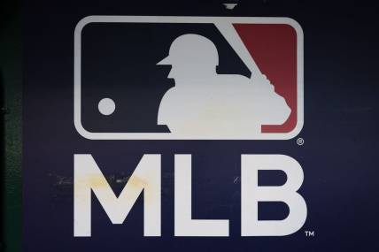 Oct 2, 2022; Washington, District of Columbia, USA; A view of the MLB logo in the dugout during the game between the Washington Nationals and the Philadelphia Phillies at Nationals Park. Mandatory Credit: Scott Taetsch-USA TODAY Sports