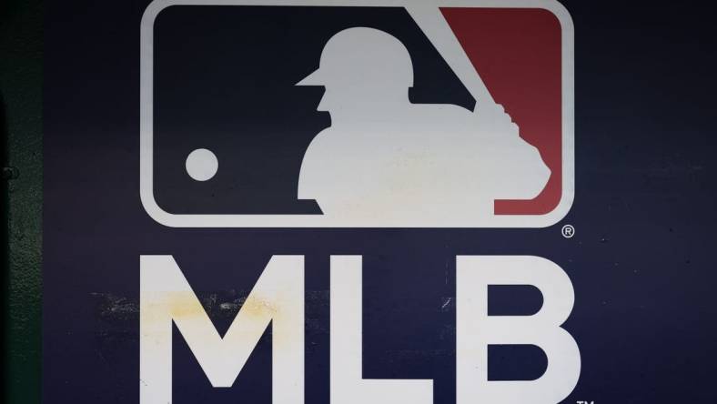 Oct 2, 2022; Washington, District of Columbia, USA; A view of the MLB logo in the dugout during the game between the Washington Nationals and the Philadelphia Phillies at Nationals Park. Mandatory Credit: Scott Taetsch-USA TODAY Sports