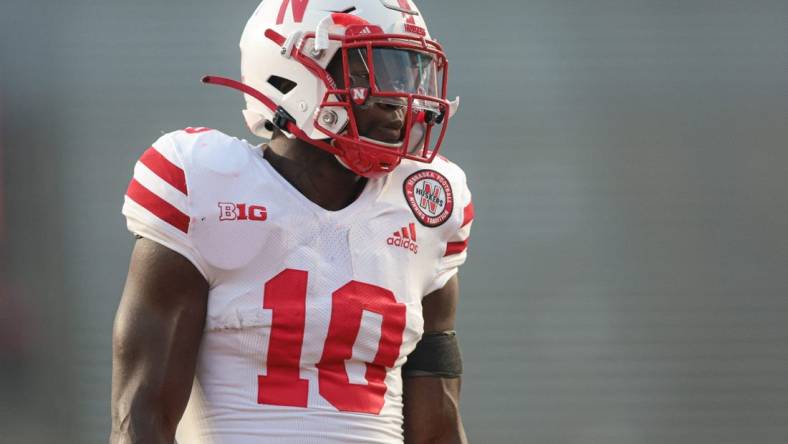 Oct 7, 2022; Piscataway, New Jersey, USA;  Nebraska Cornhuskers running back Anthony Grant (10) warms up before the game against the Rutgers Scarlet Knights at SHI Stadium. Mandatory Credit: Vincent Carchietta-USA TODAY Sports