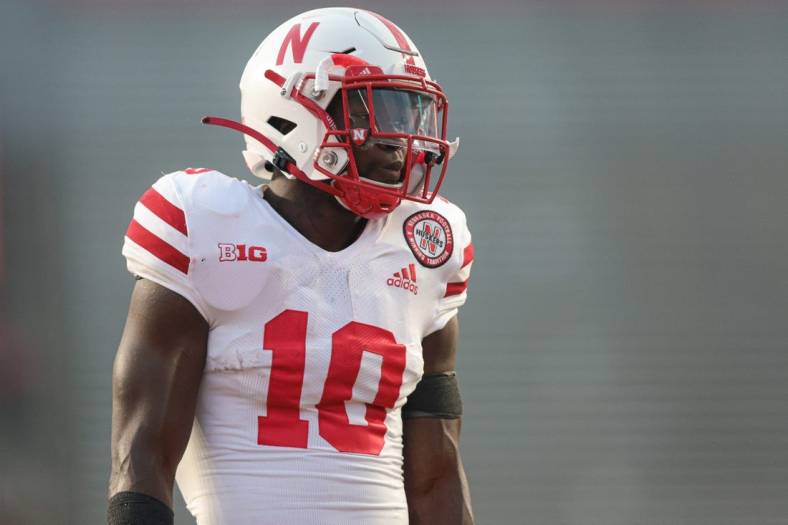Oct 7, 2022; Piscataway, New Jersey, USA;  Nebraska Cornhuskers running back Anthony Grant (10) warms up before the game against the Rutgers Scarlet Knights at SHI Stadium. Mandatory Credit: Vincent Carchietta-USA TODAY Sports