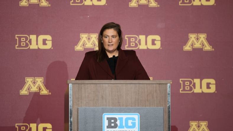 Oct 12, 2022; Minneapolis, Minnesota, US; Minnesota Golden Gophers women's head coach Lindsay Whalen speaks to the media during the Big Ten Basketball Media Days at Target Center. Mandatory Credit: Matt Krohn-USA TODAY Sports