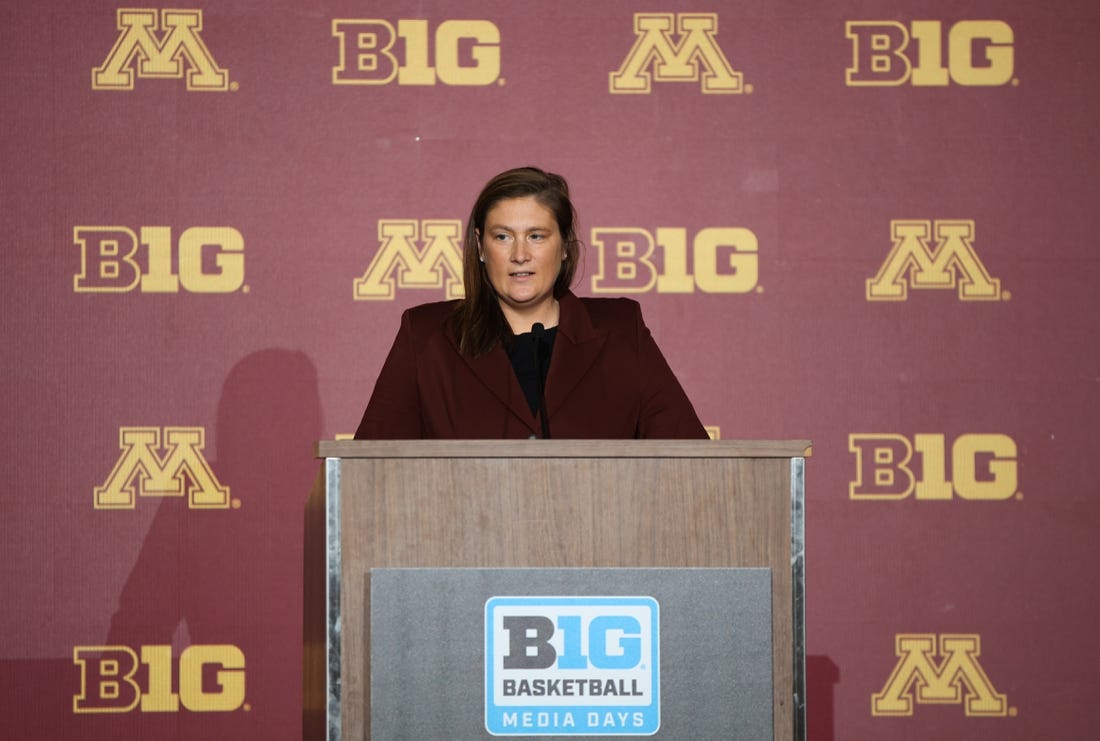 Oct 12, 2022; Minneapolis, Minnesota, US; Minnesota Golden Gophers women's head coach Lindsay Whalen speaks to the media during the Big Ten Basketball Media Days at Target Center. Mandatory Credit: Matt Krohn-USA TODAY Sports