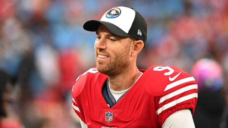 Oct 9, 2022; Charlotte, North Carolina, USA; San Francisco 49ers place kicker Robbie Gould (9) on the sidelines in the fourth quarter at Bank of America Stadium. Mandatory Credit: Bob Donnan-USA TODAY Sports