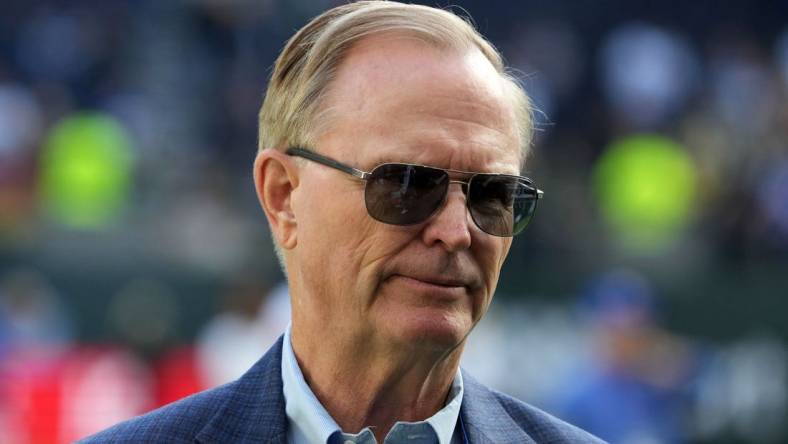 Oct 9, 2022; London, United Kingdom; New York Giants co-owner John Mara watches from the sidelines during an NFL International Series game against the Green Bay Packers at Tottenham Hotspur Stadium. Mandatory Credit: Kirby Lee-USA TODAY Sports