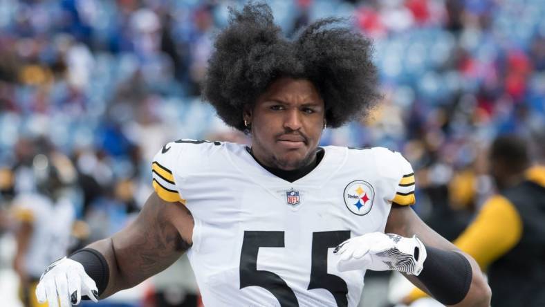 Oct 9, 2022; Orchard Park, New York, USA; Pittsburgh Steelers linebacker Devin Bush (55) warms up before a game against the Buffalo Bills at Highmark Stadium. Mandatory Credit: Mark Konezny-USA TODAY Sports