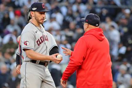 Oct 18, 2022; Bronx, New York, USA; Cleveland Guardians manager Terry Francona (77) takes relief pitcher Trevor Stephan (37) out of the game against the New York Yankees during the fifth inning in game five of the ALDS for the 2022 MLB Playoffs at Yankee Stadium. Mandatory Credit: Wendell Cruz-USA TODAY Sports