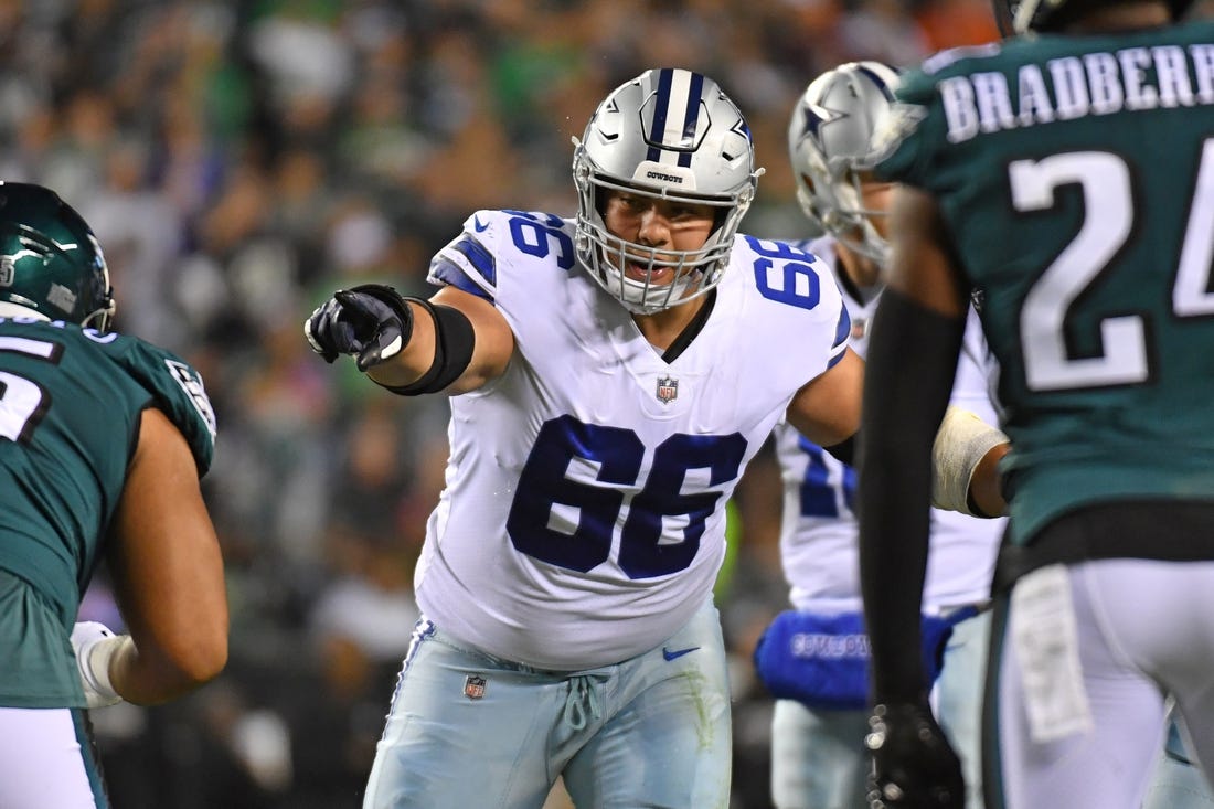 Oct 16, 2022; Philadelphia, Pennsylvania, USA; Dallas Cowboys guard Connor McGovern (66) against the Philadelphia Eagles at Lincoln Financial Field. Mandatory Credit: Eric Hartline-USA TODAY Sports