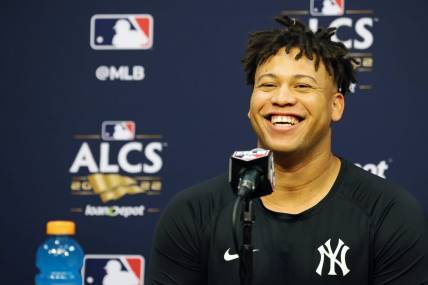 Oct 19, 2022; Houston, Texas, USA; New York Yankees pitcher Frankie Montas (47) talks to media during a press conference before game one of the ALCS for the 2022 MLB Playoffs against the Houston Astros at Minute Maid Park. Mandatory Credit: Thomas Shea-USA TODAY Sports