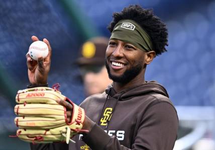 Oct 22, 2022; Philadelphia, Pennsylvania, USA; San Diego Padres left fielder Jurickson Profar (10) warms up before game four of the NLCS against the Philadelphia Phillies for the 2022 MLB Playoffs at Citizens Bank Park. Mandatory Credit: Kyle Ross-USA TODAY Sports