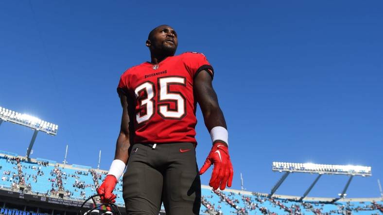 Oct 23, 2022; Charlotte, North Carolina, USA; Tampa Bay Buccaneers cornerback Jamel Dean (35) leaves the field after the game at Bank of America Stadium. Mandatory Credit: Bob Donnan-USA TODAY Sports