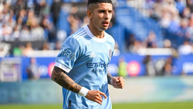 Oct 23, 2022; Montreal, Quebec, Canada; Look on New York City FC forward Santiago Rodriguez (20) against CF Montreal during the first half of the conference semifinals for the Audi 2022 MLS Cup Playoffs at Stade Saputo. Mandatory Credit: David Kirouac-USA TODAY Sports