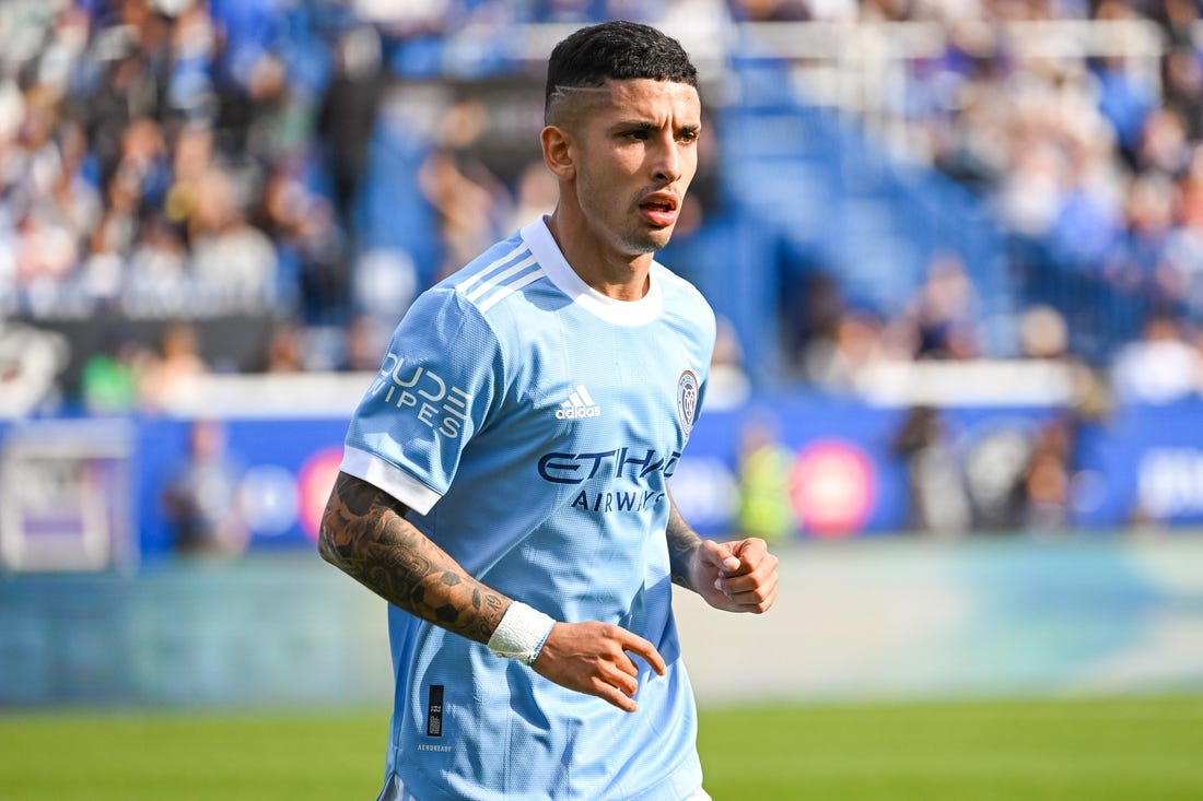 Oct 23, 2022; Montreal, Quebec, Canada; Look on New York City FC forward Santiago Rodriguez (20) against CF Montreal during the first half of the conference semifinals for the Audi 2022 MLS Cup Playoffs at Stade Saputo. Mandatory Credit: David Kirouac-USA TODAY Sports