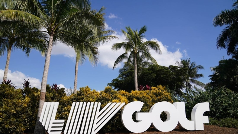 Oct 27, 2022; Miami, Florida, USA; A general view of the LIV Golf logo statue during the Pro-Am tournament before the LIV Golf series at Trump National Doral. Mandatory Credit: Jasen Vinlove-USA TODAY Sports
