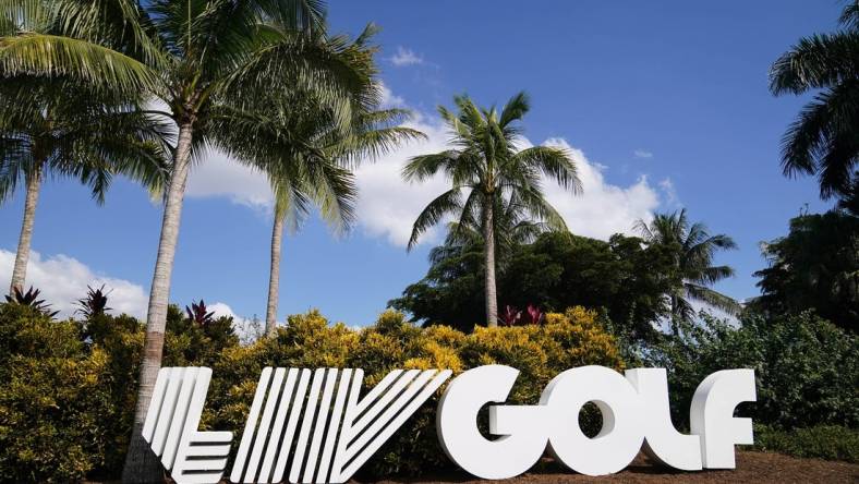 Oct 27, 2022; Miami, Florida, USA; A general view of the LIV Golf logo statue during the Pro-Am tournament before the LIV Golf series at Trump National Doral. Mandatory Credit: Jasen Vinlove-USA TODAY Sports