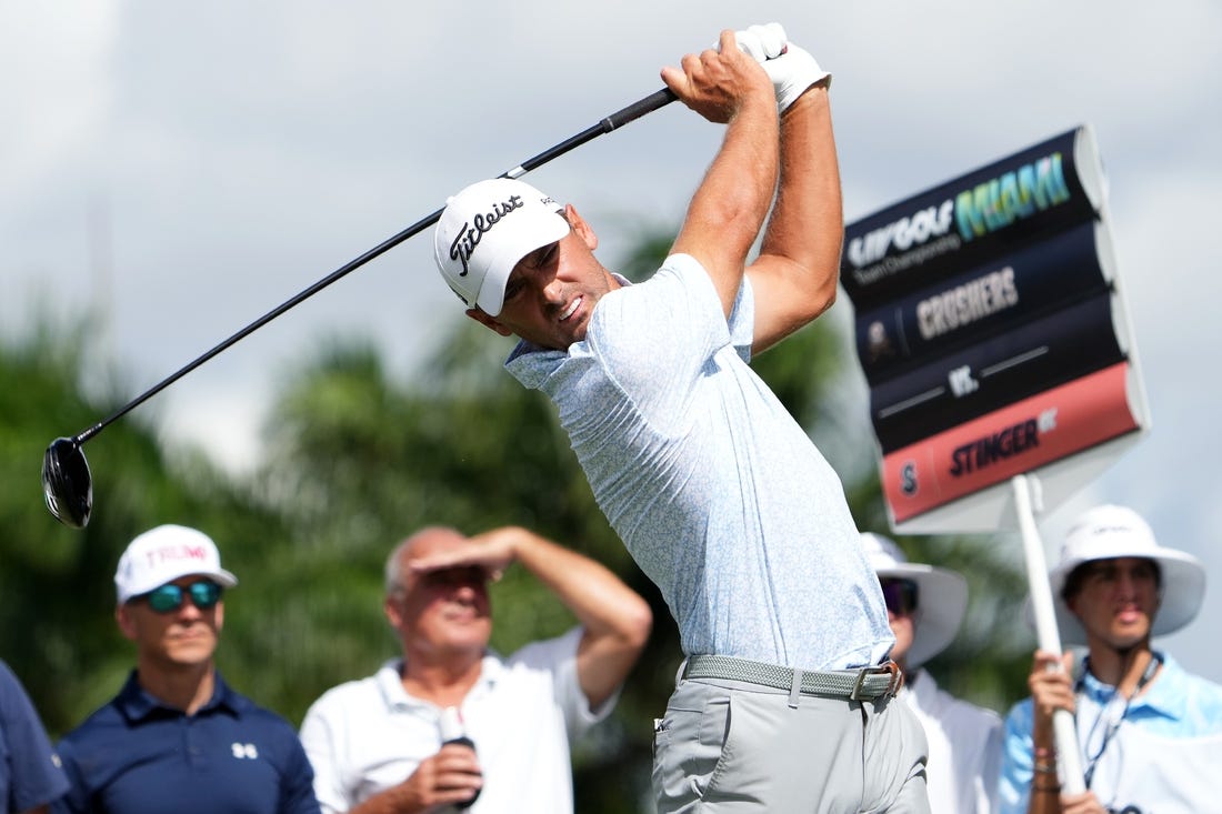 Oct 29, 2022; Miami, Florida, USA; Charles Howell III tees off on the 17th hole during the second round of the season finale of the LIV Golf series at Trump National Doral. Mandatory Credit: Jasen Vinlove-USA TODAY Sports