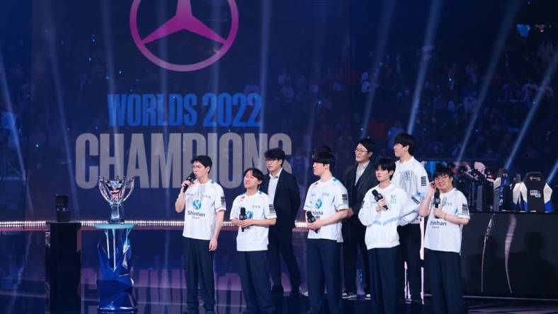 Nov 5, 2022; San Francisco, California, USA; DRX on stage after winning the League of Legends World Championships against T1 at Chase Center. Mandatory Credit: Kelley L Cox-USA TODAY Sports