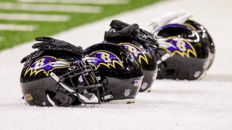 Nov 7, 2022; New Orleans, Louisiana, USA;  General view of the Baltimore Ravens helmets during the warm ups before the game against the New Orleans Saints at Caesars Superdome. Mandatory Credit: Stephen Lew-USA TODAY Sports