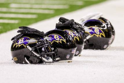 Nov 7, 2022; New Orleans, Louisiana, USA;  General view of the Baltimore Ravens helmets during the warm ups before the game against the New Orleans Saints at Caesars Superdome. Mandatory Credit: Stephen Lew-USA TODAY Sports