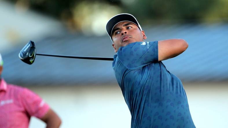 Nov 10, 2022; Houston, Texas, USA; Sebastian Munoz of Colombia takes a tee shot at the first hole during the first round of the Cadence Bank Houston Open golf tournament. Mandatory Credit: Erik Williams-USA TODAY Sports