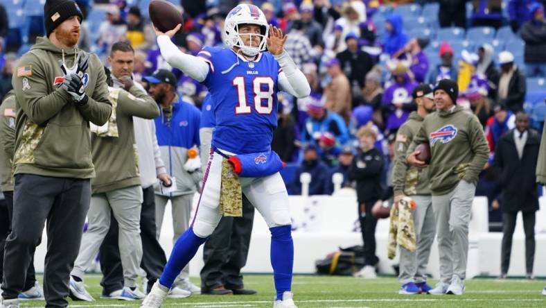 Nov 13, 2022; Orchard Park, New York, USA; Buffalo Bills quarterback Case Keenum (18) warms up prior to the game against the Minnesota Vikings at Highmark Stadium. Mandatory Credit: Gregory Fisher-USA TODAY Sports