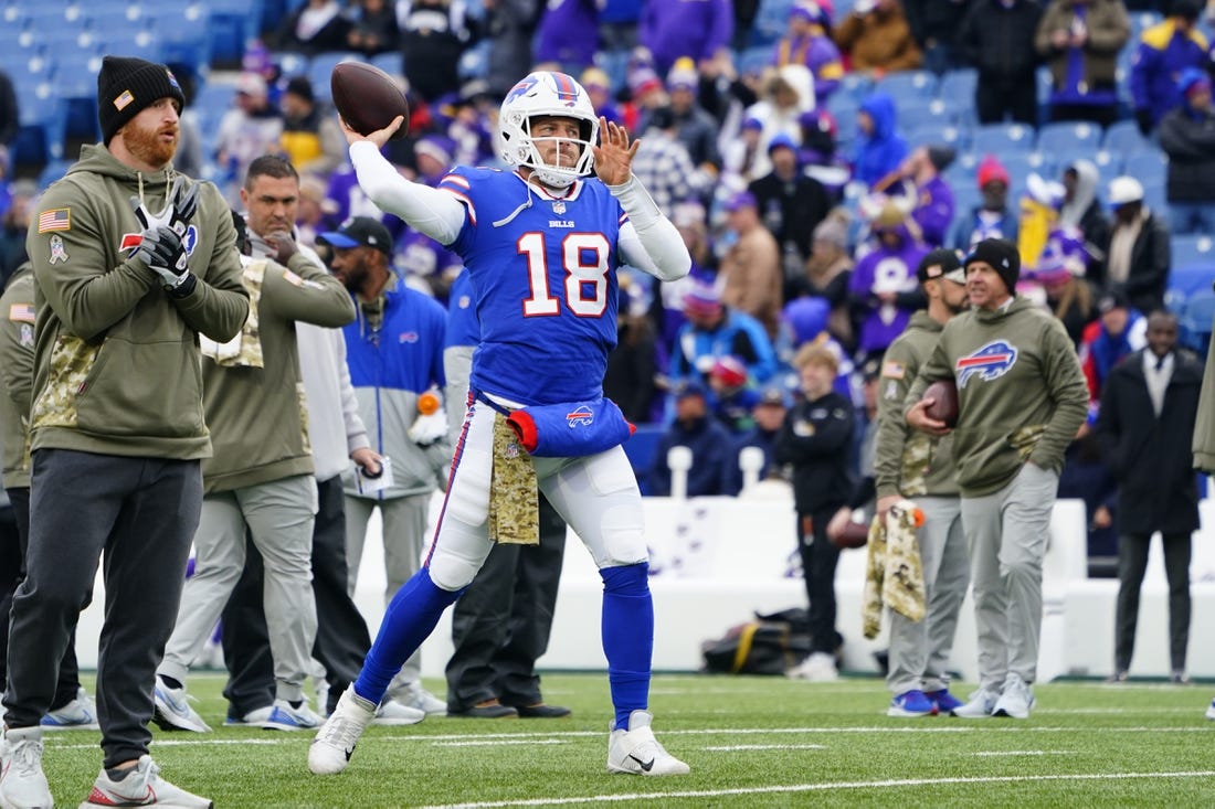 Nov 13, 2022; Orchard Park, New York, USA; Buffalo Bills quarterback Case Keenum (18) warms up prior to the game against the Minnesota Vikings at Highmark Stadium. Mandatory Credit: Gregory Fisher-USA TODAY Sports