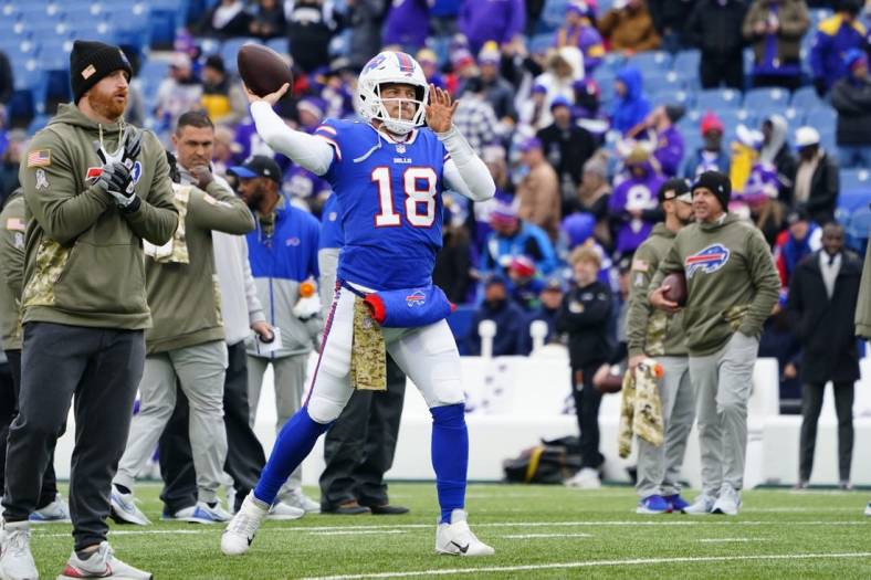 Nov 13, 2022; Orchard Park, New York, USA; Buffalo Bills quarterback Case Keenum (18) warms up prior to the game against the Minnesota Vikings at Highmark Stadium. Mandatory Credit: Gregory Fisher-USA TODAY Sports