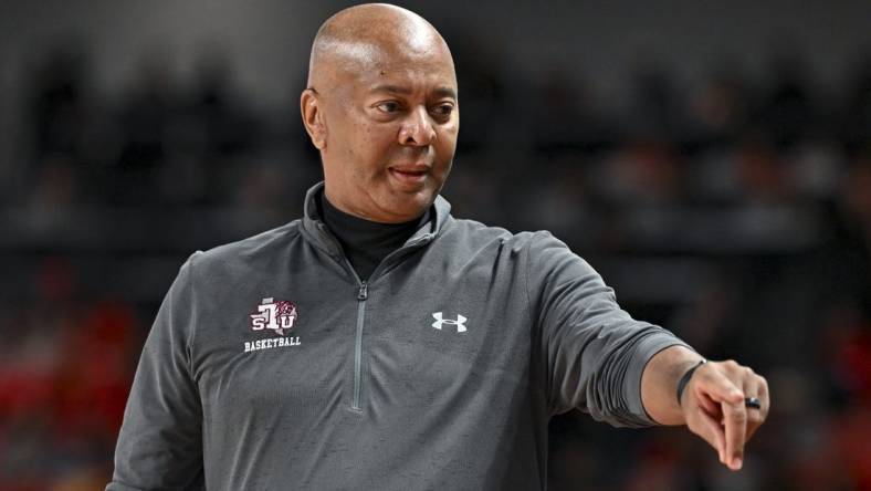 Nov 16, 2022; Houston, Texas, USA;  Texas Southern Tigers head coach Johnny Jones motions during the first half against the Houston Cougars at Fertitta Center. Mandatory Credit: Maria Lysaker-USA TODAY Sports