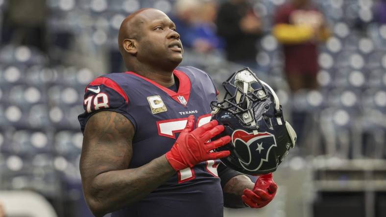 Nov 20, 2022; Houston, Texas, USA; Houston Texans offensive tackle Laremy Tunsil (78) on the field before the game against the Washington Commanders at NRG Stadium. Mandatory Credit: Troy Taormina-USA TODAY Sports