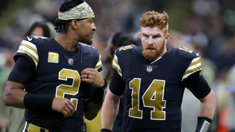 Nov 20, 2022; New Orleans, Louisiana, USA; New Orleans Saints quarterbacks Jameis Winston (2) and Andy Dalton (14) talk in the second half against the New Orleans Saints at the Caesars Superdome. Mandatory Credit: Chuck Cook-USA TODAY Sports