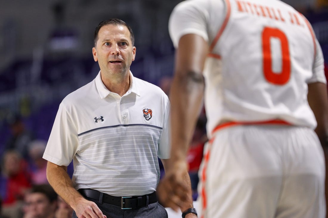 Nov 23, 2022; Fort Myers, Florida, USA;  Sam Houston State Bearkats head coach Jason Hooten looks on from the bench in the second half against the South Dakota Coyotes during the Fort Myers Tip-Off Palms Division championship game at Suncoast Credit Union Arena. Mandatory Credit: Nathan Ray Seebeck-USA TODAY Sports