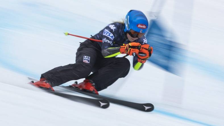 Nov 25, 2022; Killington, Vermont, USA;  Mikaela Shiffrin of the United States during training for the Audi FIS Killington World Cup at Killington Resort. Mandatory Credit: Erich Schlegel-USA TODAY Sports