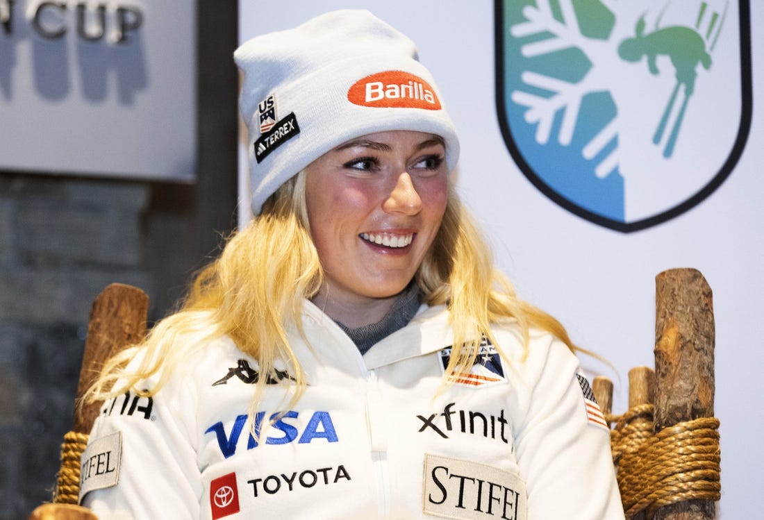 Nov 25, 2022; Killington, Vermont, USA;  Mikaela Shiffrin of the United States speaks at a press conference before the Audi FIS Killington World Cup at Killington Resort. Mandatory Credit: Erich Schlegel-USA TODAY Sports