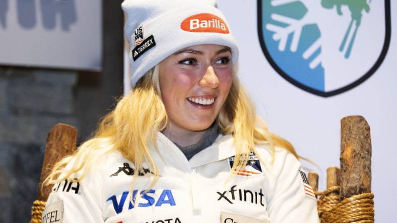 Nov 25, 2022; Killington, Vermont, USA;  Mikaela Shiffrin of the United States speaks at a press conference before the Audi FIS Killington World Cup at Killington Resort. Mandatory Credit: Erich Schlegel-USA TODAY Sports