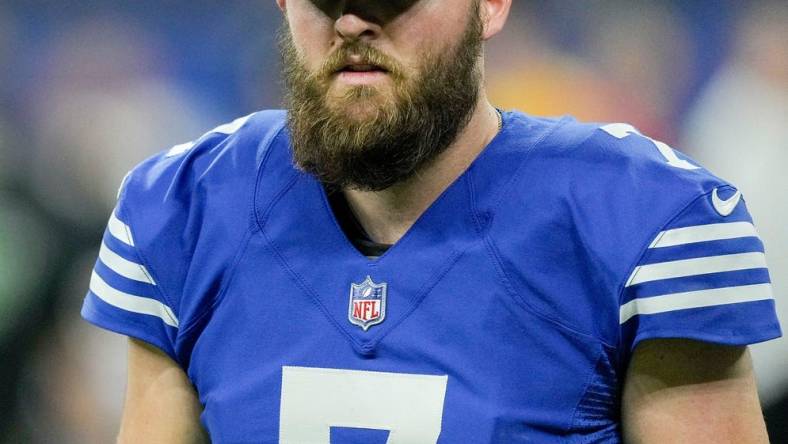 Indianapolis Colts place kicker Chase McLaughlin (7) walks on the field Monday, Nov. 28, 2022, before a game against the Pittsburgh Steelers at Lucas Oil Stadium in Indianapolis.