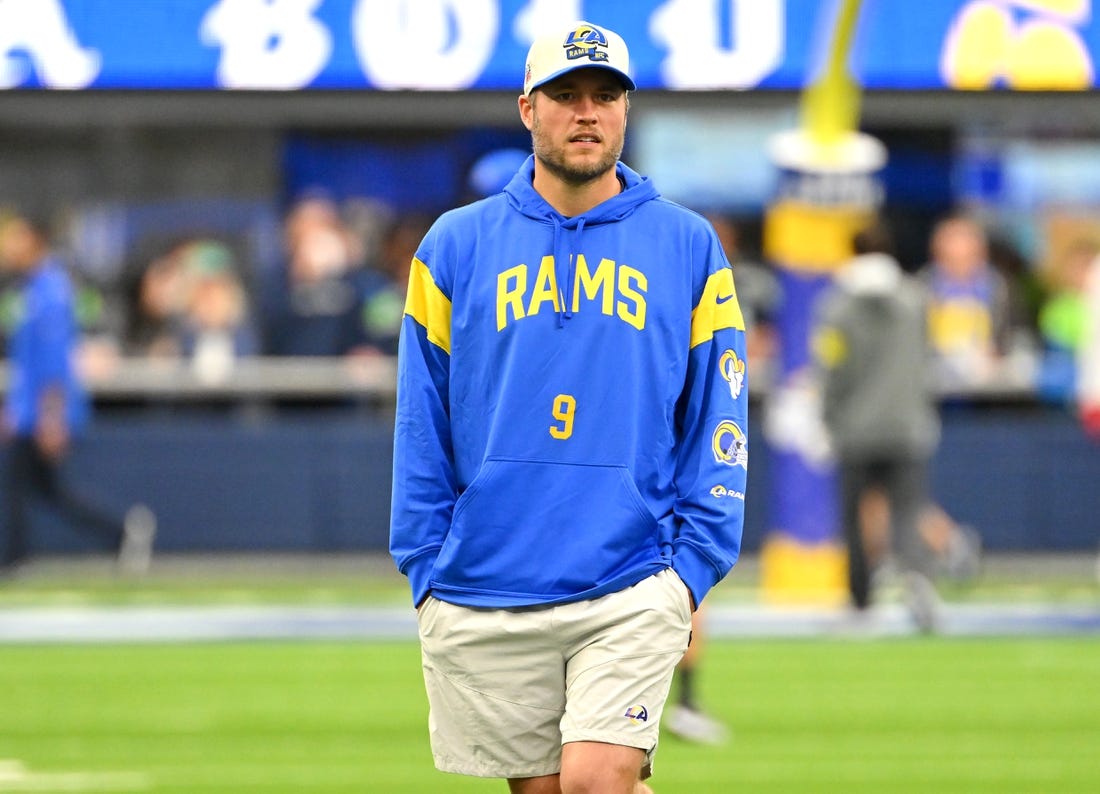 Dec 4, 2022; Inglewood, California, USA;  Los Angeles Rams quarterback Matthew Stafford (9) walks on the field prior a game against the Seattle Seahawks at SoFi Stadium. Mandatory Credit: Jayne Kamin-Oncea-USA TODAY Sports