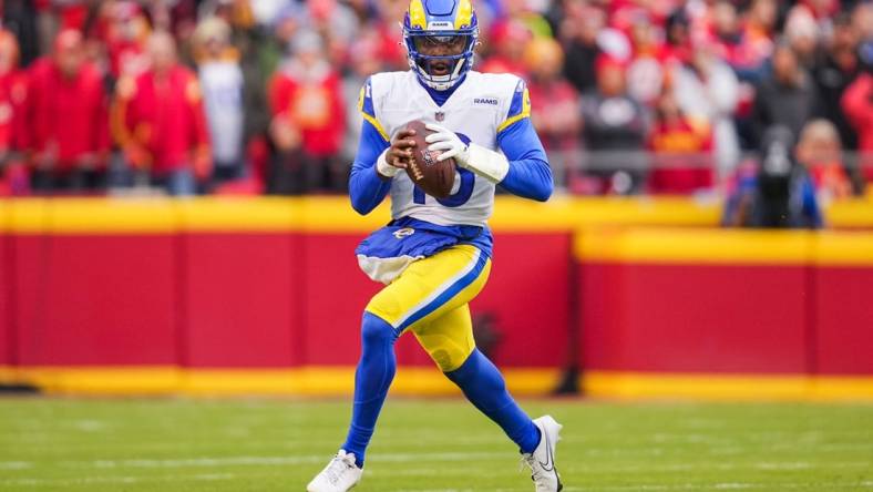 Nov 27, 2022; Kansas City, Missouri, USA; Los Angeles Rams quarterback Bryce Perkins (16) during the first half against the Kansas City Chiefs at GEHA Field at Arrowhead Stadium. Mandatory Credit: Jay Biggerstaff-USA TODAY Sports