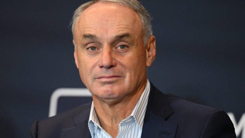 Dec 7, 2022; San Diego, CA, USA; MLB commissioner Rob Manfred looks on during the presentation of the Allan H. Selling Award for philanthropic excellence during the 2022 MLB Winter Meetings at Manchester Grand Hyatt. Mandatory Credit: Orlando Ramirez-USA TODAY Sports