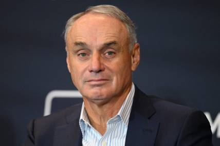 Dec 7, 2022; San Diego, CA, USA; MLB commissioner Rob Manfred looks on during the presentation of the Allan H. Selling Award for philanthropic excellence during the 2022 MLB Winter Meetings at Manchester Grand Hyatt. Mandatory Credit: Orlando Ramirez-USA TODAY Sports