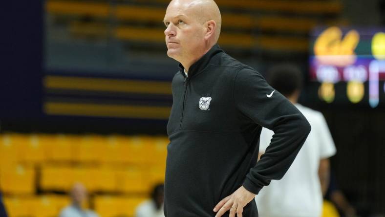 Dec 10, 2022; Berkeley, California, USA; Butler Bulldogs assistant coach Kevin Kuwik stands on the court before the game against the California Golden Bears at Haas Pavilion. Mandatory Credit: Darren Yamashita-USA TODAY Sports