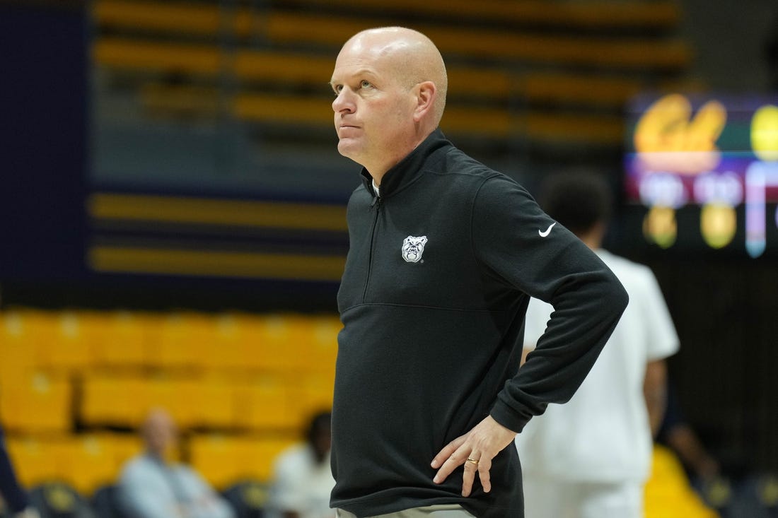 Dec 10, 2022; Berkeley, California, USA; Butler Bulldogs assistant coach Kevin Kuwik stands on the court before the game against the California Golden Bears at Haas Pavilion. Mandatory Credit: Darren Yamashita-USA TODAY Sports