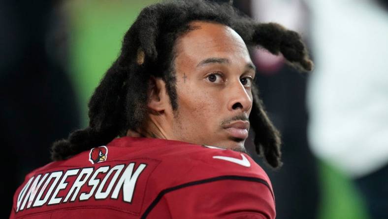 Dec 12, 2022; Glendale, Ariz., USA;  Arizona Cardinals wide receiver Robbie Anderson (81) watches the defense play against the New England Patriots during the first quarter at State Farm Stadium. Mandatory Credit: Michael Chow-Arizona Republic

Nfl Cardinals Patriots 1213 New England Patriots At Arizona Cardinals