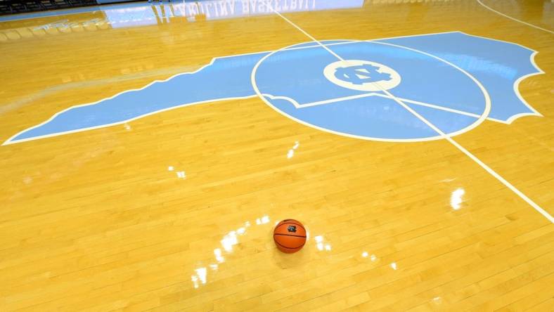 Dec 13, 2022; Chapel Hill, North Carolina, USA; A view of the center court logo at Dean E. Smith Center. Mandatory Credit: Bob Donnan-USA TODAY Sports